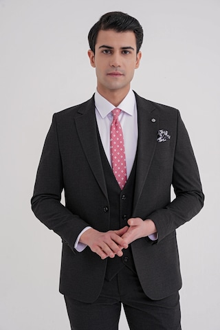 Efor Slim Fit Çift Yırtmaç Ekoseli Esnek Yünlü Yelekli Klasik Siyah Takım Elbise Tk 934 Siyah