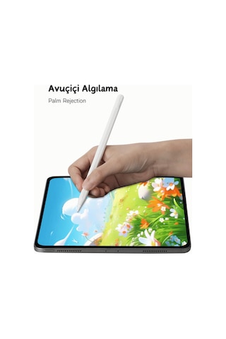 İpad Air 11 2024 Uyumlu Yapışarak Manyetik Şarj Olabilen Avuçiçi Ve Eğim Özellikli Tablet Kalemi Beyaz