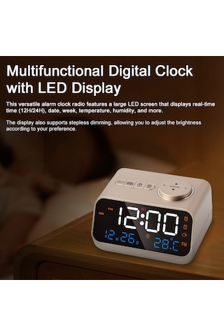 Çok İşlevli Çalar Saat Fm Radyo Şarj Edilebilir Led Dijital Saat Sıcaklık Ve Nem Göstergesi Sesle Etkinleştirilen/sürekli Açma/kapatma, Parlaklık/ses Ayarlanabilir, Erteleme Fonksiyonu