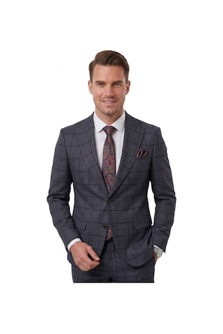 Deepsea Lacivert Kare Desenli Slim Fit Erkek Takım Elbise Çift Düğme Çift Yırtmaç 2 Li Takım 2601812