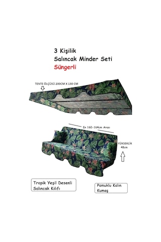 Süngerli 3 Kişilik Salıncak Minder Seti -tropik Yeşil