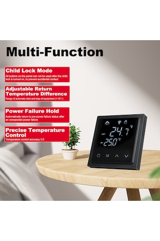 Moveevo Wifi Akıllı Sıcaklık Kontrol Paneli 16a - Led Dokunmatik Ekranlı Ev Isıtma Termostati 85-250v - Mh-1828aw Siyah