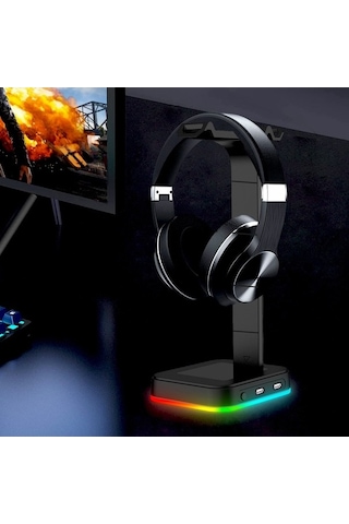 Pazly Rgb Bilgisayar Standı Kulaklık Tutucu, 2'li Hub, Usb Şarj, Çıkarılabilir Askılı, Oyuncu Kulaklık