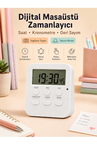 Öğrenci Ders Çalışma Saati Kronometreli Araç Saati Mutfak Buzdolabı Magnet Saat Sınavlara Hazırlık Beyaz