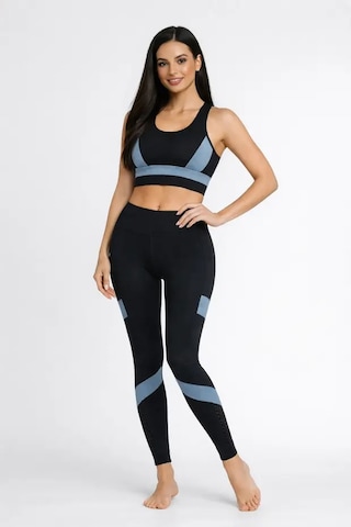 Ayle Moda Kadın Spor Takım Büstiyer + Yüksek Bel Tayt Seti Siyah Mavi Şerit Detaylı Fitness Kombin Siyah - Mavi
