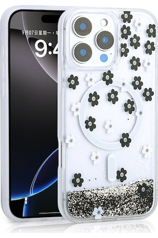 Apple Uyumlu iPhone 14 Pro Max Kılıf Sıvılı Simli Baskılı Şeffaf Arka Yüzey Tchs Mossa Silikon Kapak - Siyah Siyah