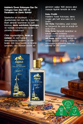 Maiden's Tower Kolonyası Eau De Cologne Cam Şişe 250 Ml Türkiye Serisi Okyanus Ferahlığı Kokusu