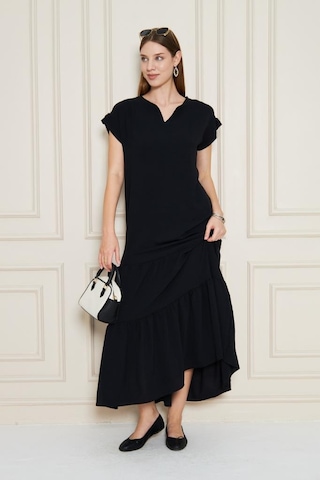 Kadın Uzun Eteği Fırfırlı Kısa Kol Apolet Detaylı Salaş Günlük Rahat Elbise 3761366 Siyah