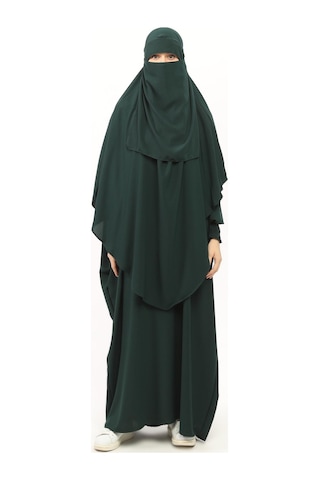 Altobeh Sultanbaş Nikaplı Çarşaf Cilbab Khimar Abaya Kolu Lastikli Hakim Yaka Peçeli Ferace Medine İpek Zümrüt Yeşili 1412-106-s-m Zümrüt