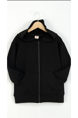 Çocuk 3 İplik Şardonsuz Kapüşonlu Fermuarlı Sweatshirt Günlük Rahat Hırka-4013 Siyah