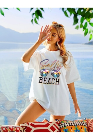 Unisex Örme Salty Beach Basklı Beyaz T-shirt. Beyaz