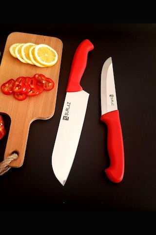 Sürlaz Red Santoku Şef Bıçak Seti Mutfak Bıçağı 2'li Çok Renkli