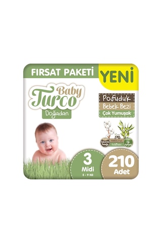 Baby Turco Doğadan 3 Beden Pofuduk Bebek Bezi Fırsat Paketi 42x5 210 Adet 3 Numara