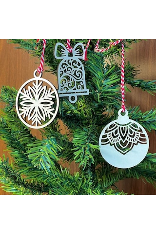 Büro Ev Partisi İçin 10parça Kırmızı Beyaz İpli Karışık Model Ahşap Yılbaşı Ağaç Süsü