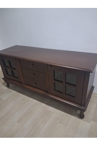 Tv Sehpa St 90567 Pencere Model Ahşap Kayın Aslan Ayak Ceviz Renk 125 Cm El Yapım Ceviz