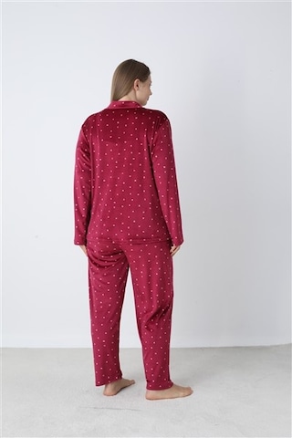 Battal Estiva Puantiyeli Önden Düğmeli Kadife Bayan Pijama Takım Bordo