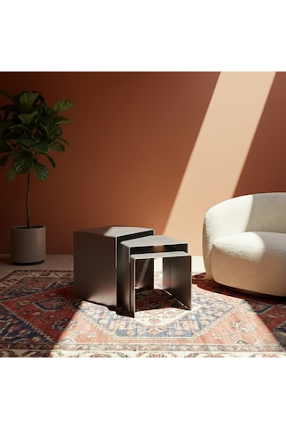 Modern Metal Zigon Sehpa Seti Minimal Tasarım İç İçe Geçen Yan Sehpa 3 Lü Set Gri