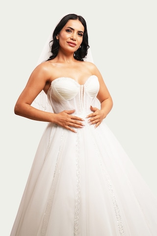 Canım Kendim Store İnci Beyazı Drape - Transparan Detaylı Helen Model Gelinlik Beyaz