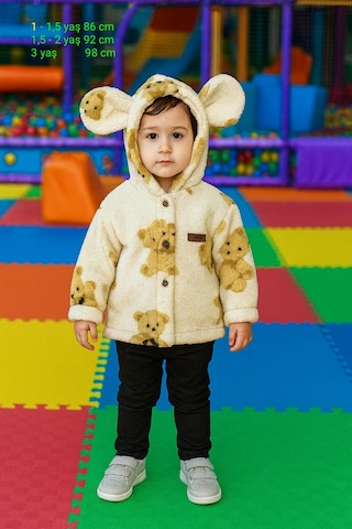 1-3 Yaş Welsoft Kapşonlu Büyük Kulaklı Düğmeli Hırka Ekru