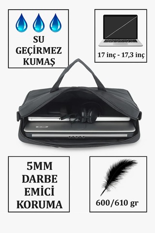 Laptop Çantası Bilgisayar 17''inç Omuz Askılı Siyah Siyah