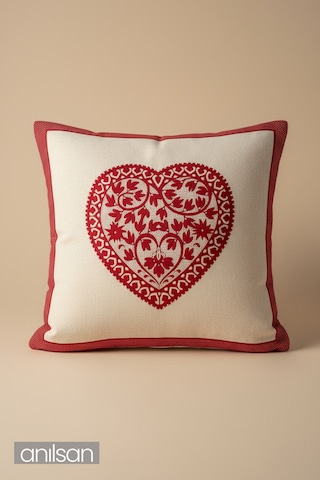 Kalp Desenli Çift Taraflı Kırlent Kılıfı - 45x45 Cm Yılbaşı Dekoratif Kırmızı - Beyaz