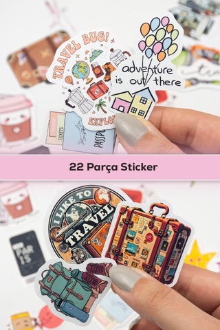 Seyahat Temalı Sticker Paketi 22 Parça Kaliteli Su Geçirmez Travel Etiket Seti Çok Renkli
