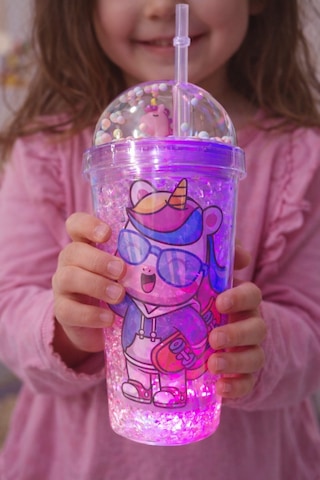Renkli Boncuklu Sevimli Unicorn Tasarımlı 450 Ml Led Işıklı Pipetli İçecek Bardağı Suluk Mor 2646
