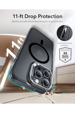 Esr Apple Uyumlu iPhone 16 Pro Max Halolock Mag Safe Classic Hybrid Stantlı Silikon Kılıf - Kamera Kontrol Buton Buzlu Siyah