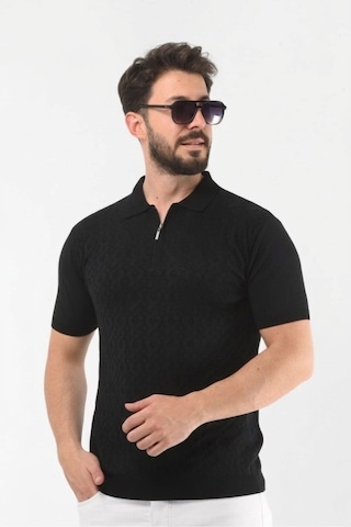 Onno Pamuklu Fermuarlı Desenli Triko Tshirt Siyah