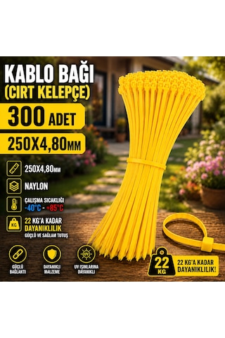 250x4,80mm Kablo Bağı Cırt Kelepçe Sarı 300 Adet