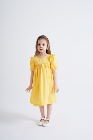 Oliventhekid Sarı Robadan Fırfır Büzgülü Kolları Lastikli Poplin Kız Çocuk Elbise Sarı Sarı