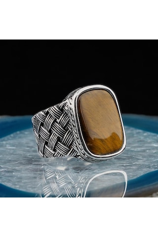 925 Ayar Gümüş Dikdörtgen Kaplan Gözlü Taşlı Örgü Desenli Erkek Yüzük Gümüş