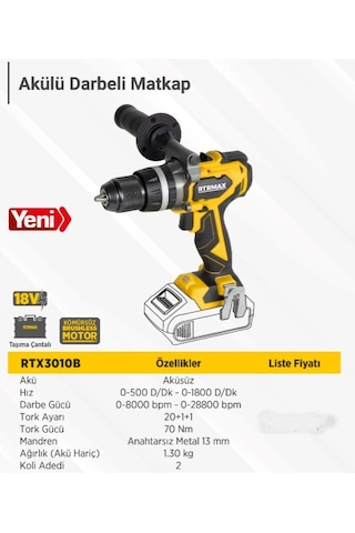Rtrmax RTX3010B Akülü Kömürsüz 80NM Solo Darbeli Matkap