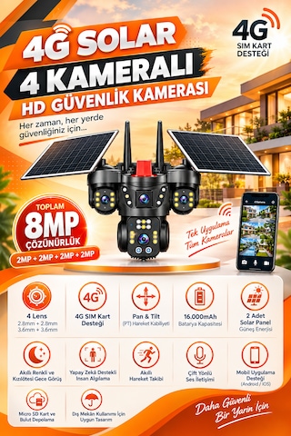 Linadex Lx-4480 4g Solar 4 Kameralı Hd Güvenlik Kamerası-çift Solar