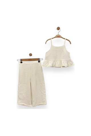 Çikoby Kız Çocuk Askılı Bluz Bol Paça Pantolonlu Takım-13762 KREM