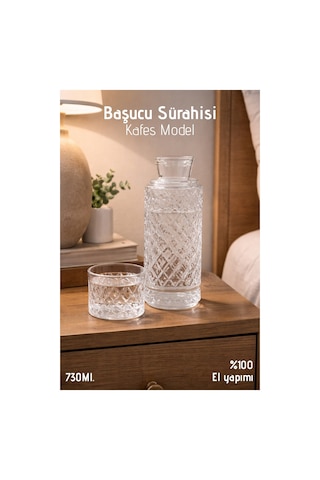 El Yapımı Cam, Kafes Modelli Başucu Sürahisi - 730ml. Bardaklı Sürahi