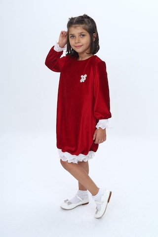 Toontoy Kız Çocuk Kadife Fırfır Detaylı Elbise Kırmızı