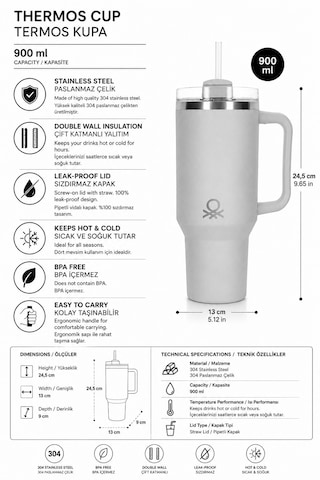 Benetton Paslanmaz Çelik Termos Be-kct100-mb Mavi Pipetli / Kulplu Spor Ve Araç İçi Termos 900 Ml Yeşil
