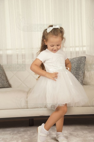 Tüllü Baskısız Düz Üst Kısım Ribana Alt Kısım Astarlı Tütü Etek Kız Çocuk Prenses Kısa Kollu Elbise Beyaz