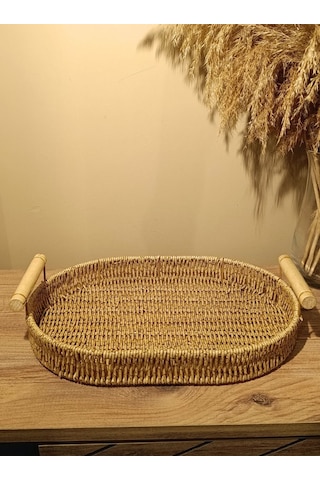 Hasır Rattan Bambu Kulplu Örme Tepsi Orta Boy Oval Diğer