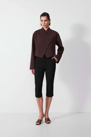 Vatkalı Diagonal Crop Blazer Ceket-16645 Kahverengi