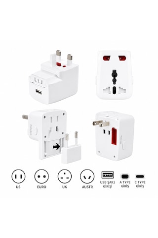 Universal Dünya Priz Dönüştürücü Seyahat Adaptörü Usb Şarj Girişli 150+ Ülke Uyumlu Çok Fonksiyonlu Adaptör
