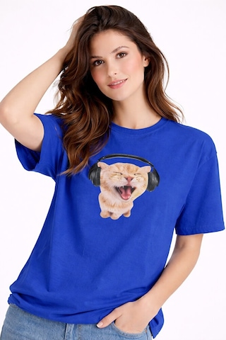 Nevermind Kadın Tişört Baskılı Kulaklıklı Kedi Desenli Basic Rahat Günlük % Lacivert