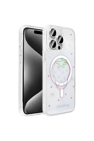 Techaks Apple Uyumlu iPhone 15 Pro Max Kılıf M-safe Şarj Özellikli Şeffaf Zore Folk Sert Kapak - Çilek Beyaz
