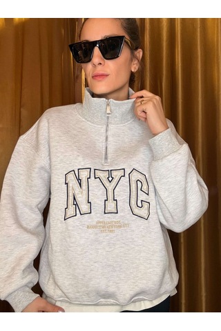 Ali Butik Gri Nyc Nakışlı Şardonlu Sweatshirt Gri