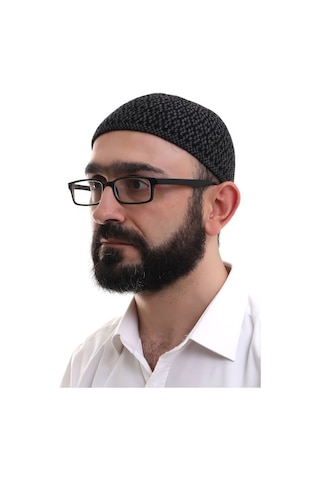 Koyu Gri Orlon Kışlık Namaz Takkesi Baklava Desenli Takke