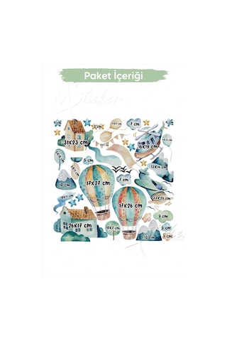 MSticker Suluboya Desenli Uçan Balonlar Uçak Ve Evler Çocuk Bebek Odası Sticker Seti