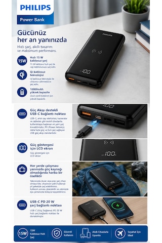 Philips DLP9520C/00 10000mAh Kablosuz Powerbank15W Qi Kablosuz Şarj, 20W PD USB-C, QC 3.0, LCD Ekran Siyah