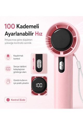 100 Kademeli Hız Ayarlı Şarjlı El Fanı Dijital Göstergeli Taşınabilir Mini Vantilatör Pembe