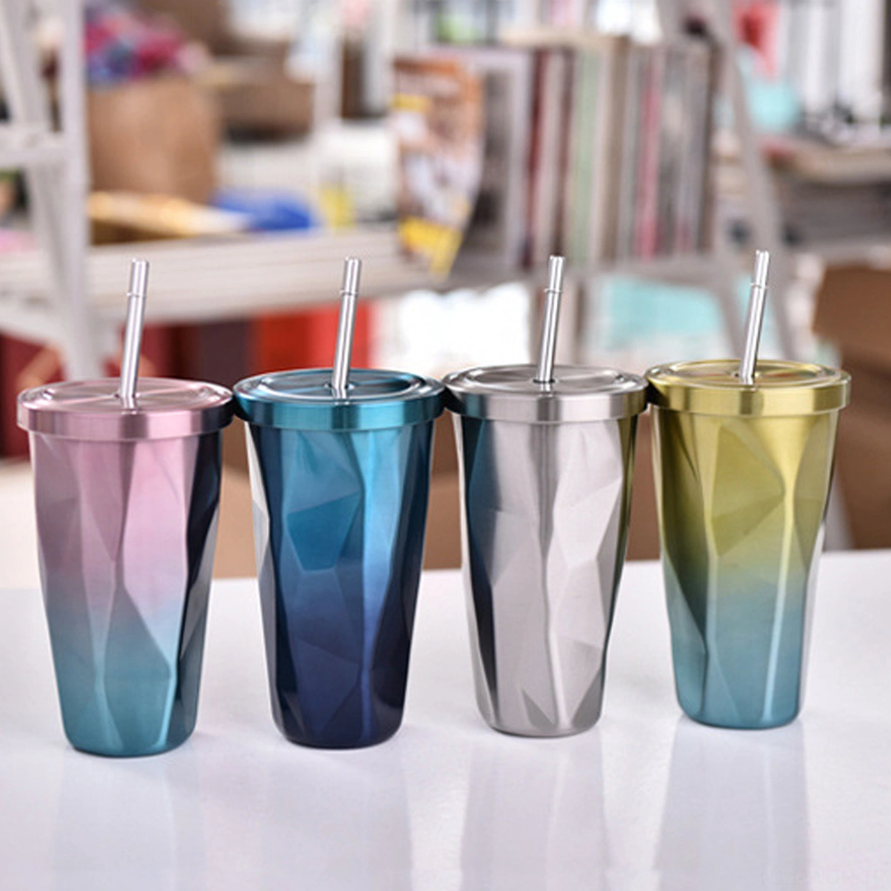 Neevoyu 500ml Çift Katlı Paslanmaz Çelik Matara, Yumuşak İçme Pipeti Ve Renkli Desen, Isı Saklama Özelliğiyle Su Bardakları Altın Turuncu